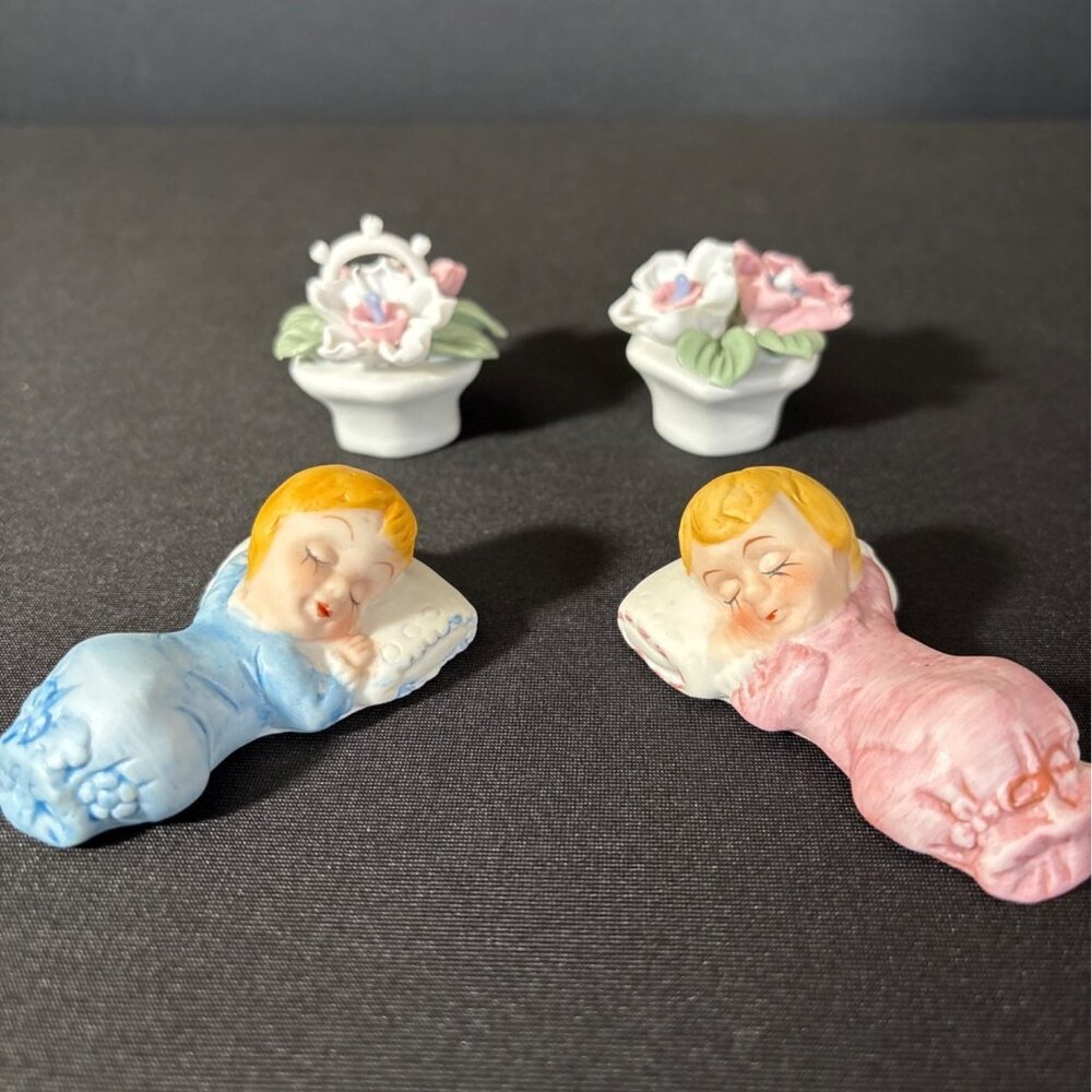 Vintage Sleeping Baby Boy & Girl Floral Basket Porcelain Figurines Party Cake